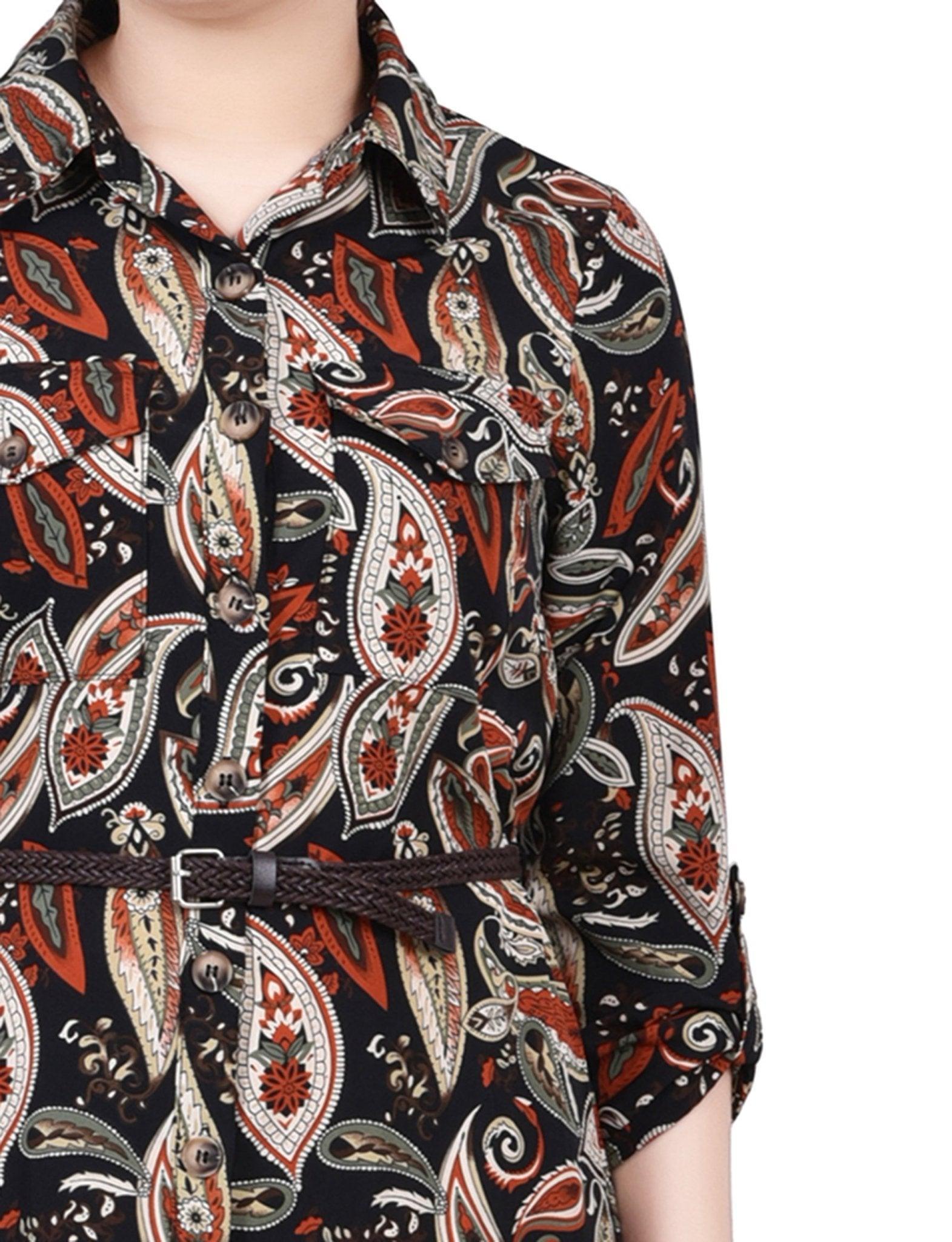 Black Paisley 3/4 Roll Tab Sleeve Shirtdress - Petite Product Image