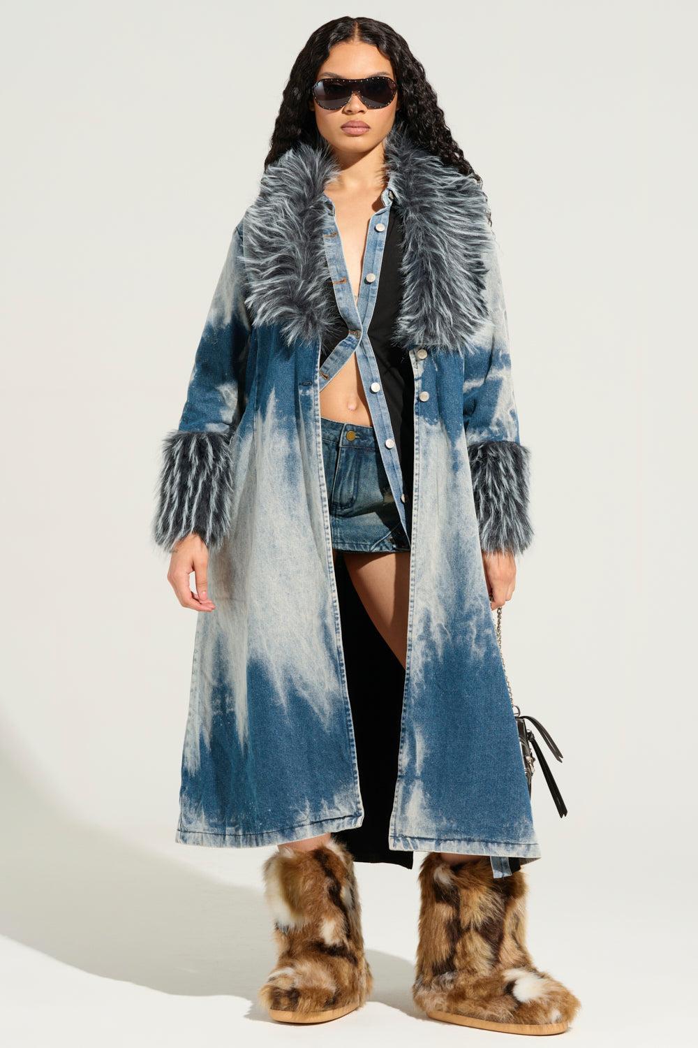 LIV FUR TRIM DENIM TRENCH Product Image