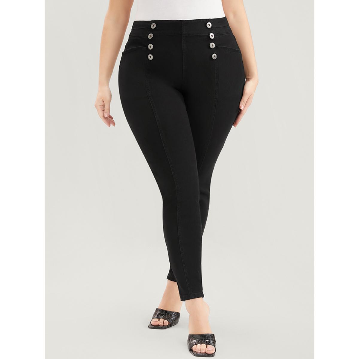 Plus Size Skinny Slightly Stretchy High Rise Black Wash Button Detail Pocket Jeans Women Black Casual Plain Plain Low stretch Pocket Jeans BloomChic 16/1X Product Image