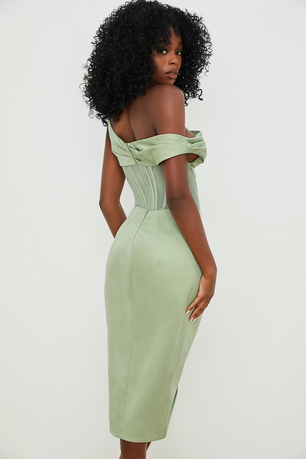 Lulu Pistachio Asymmetric Drape Midi Corset Dress Product Image