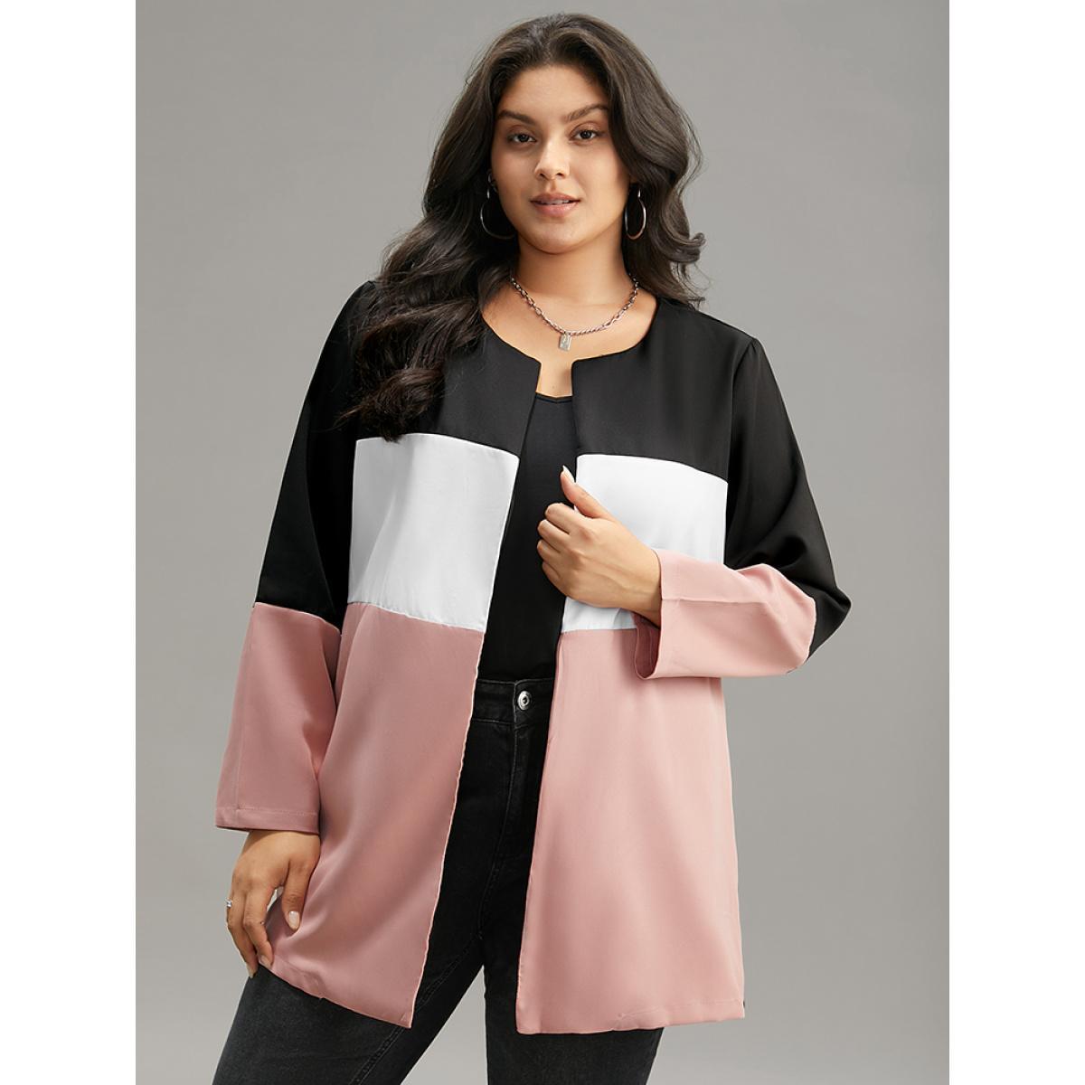 Plus Size Colorblock Contrast Open Front Pocket Coat Women Rouge Casual Contrast Ladies Dailywear Winter Coats BloomChic 18-20/2X Product Image
