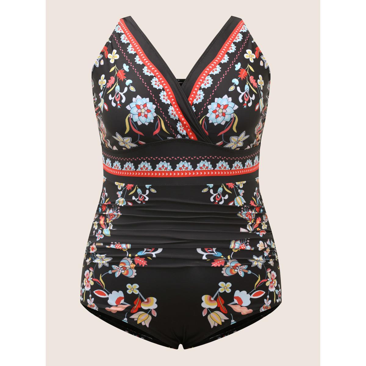 Plus Size Boho Print Surplice Neck Ruched One Piece Swimsuit Women's Swimwear Black Beach Gathered Curve Bathing Suits High stretch One Pieces BloomChic 12/L Product Image