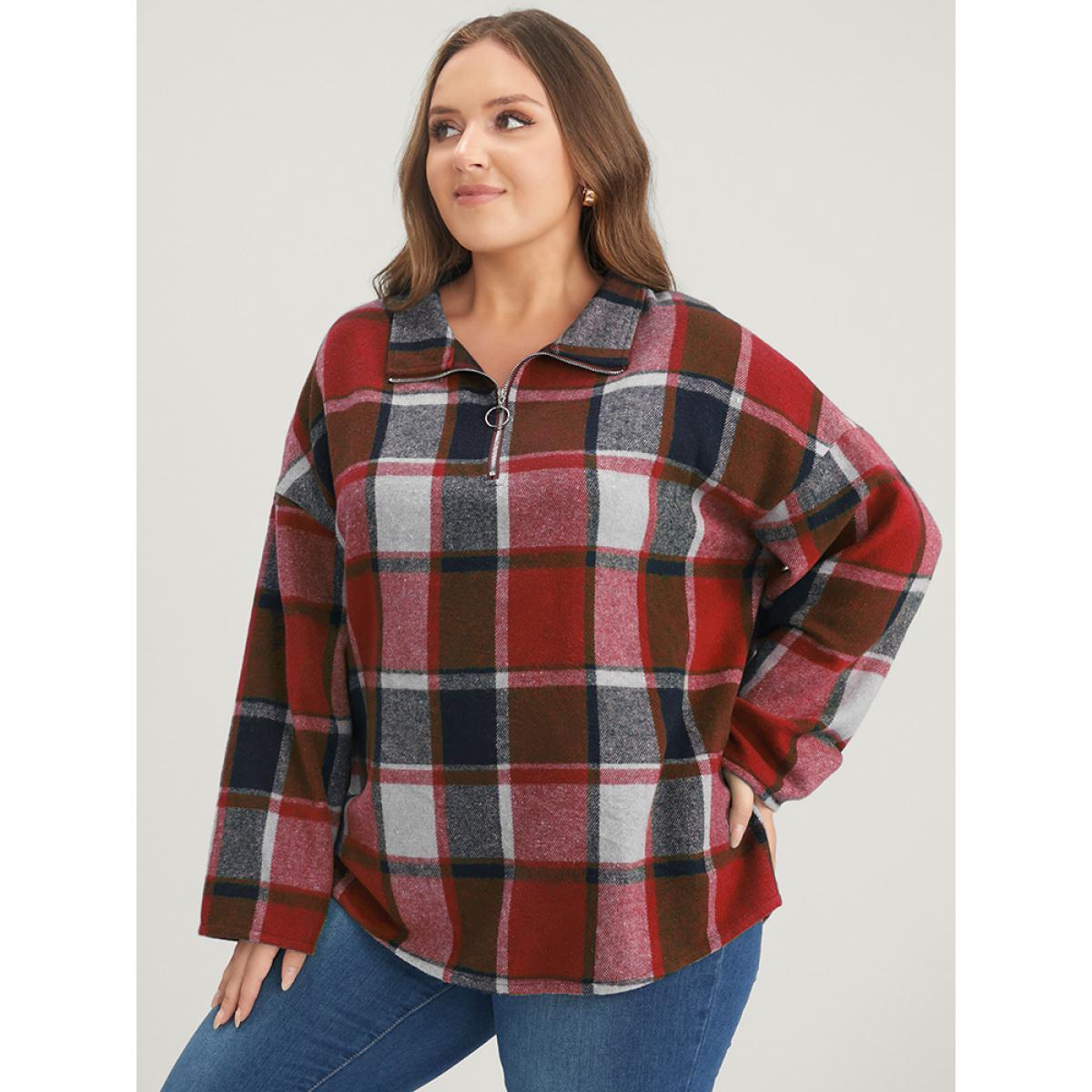Plus Size Plaid Drop Shoulder O Ring Zip Sweatshirt Women Red Casual Zipper Lapel Collar Dailywear Sweatshirts BloomChic 22-24/3X Product Image