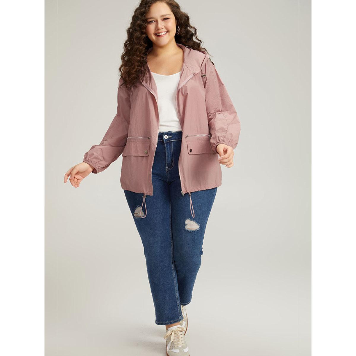 Plus Size Plain Hooded Pocket Zipper Fly Drawstring Jacket Women Rouge Plain Pocket Dailywear Jackets BloomChic 30/6X Product Image