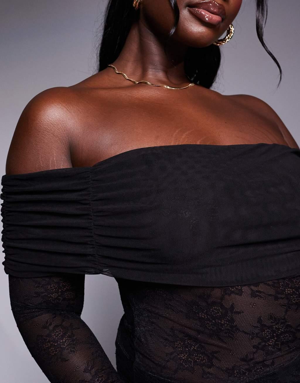 ASOS DESIGN Curve lace top with mesh fold over bardot in black Product Image