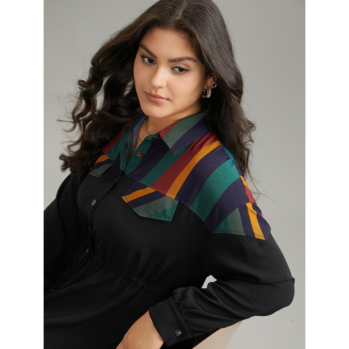 Plus Size Striped Contrast Drawstring Button Detail Shirt Collar Dress Black Women Office Patchwork Shirt collar Long Sleeve Curvy Midi Dress BloomChic 28/5X Product Image