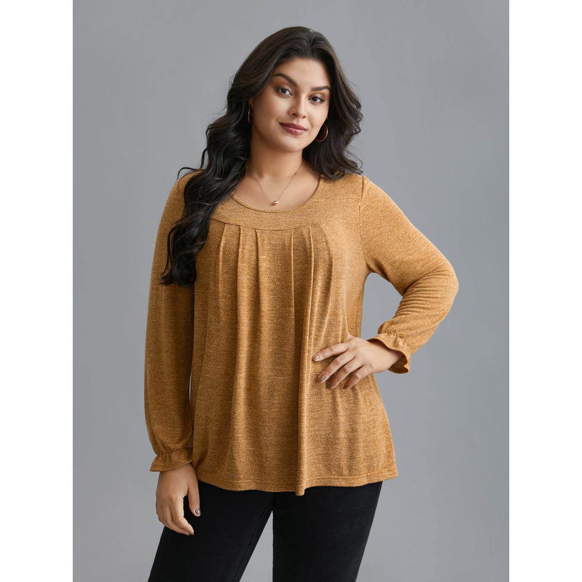 Plus Size Round Neck Heather Pleated T-shirt Turmeric Women Elegant Pleated Round Neck Loose Everyday T-shirts BloomChic 26/4X Product Image