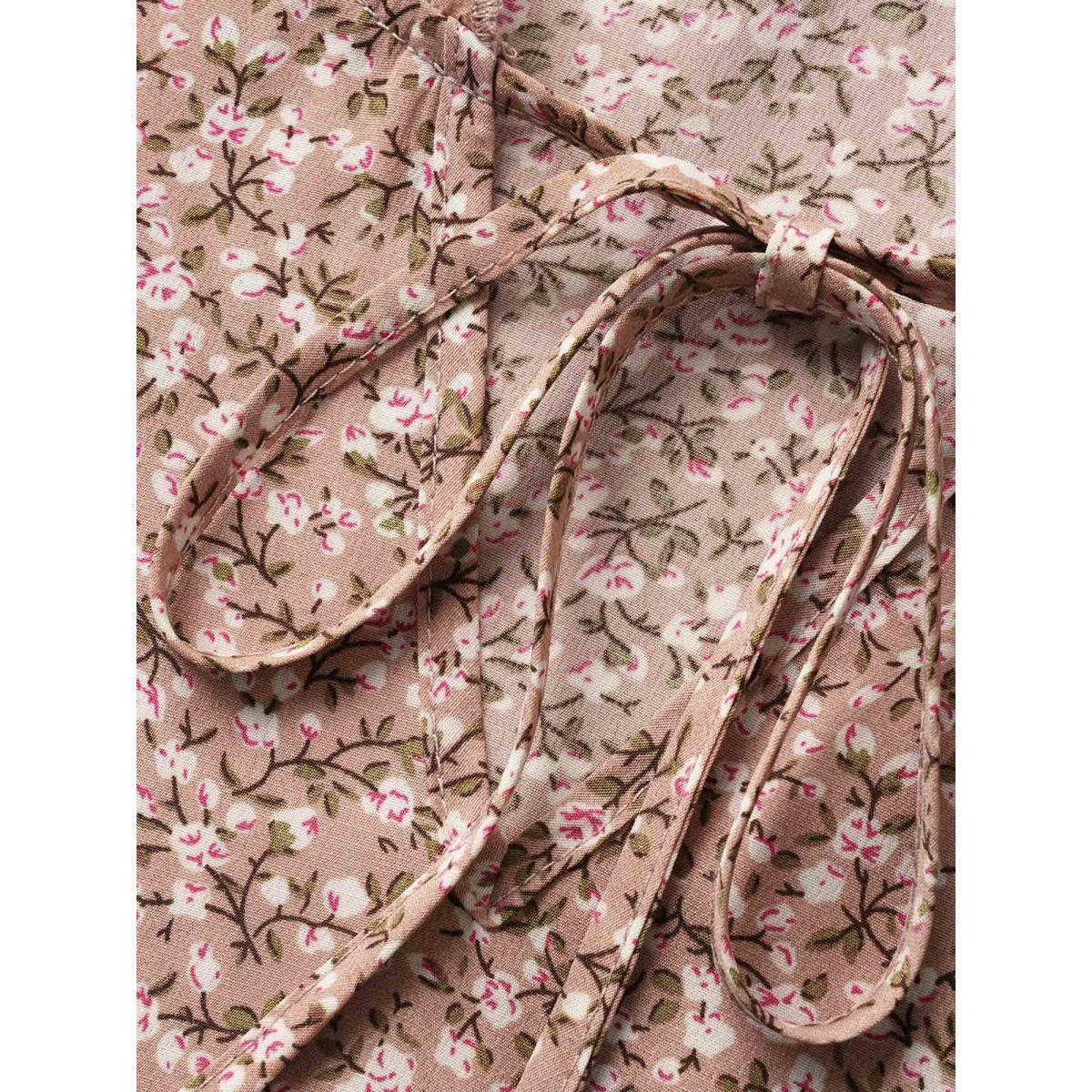 Plus Size Rouge Ditsy Floral Ties Patchwork Ruffle Cap Sleeve Blouse Women Elegant Cap Sleeve Ribbon-tied collar Everyday Blouses BloomChic 26/4X Product Image