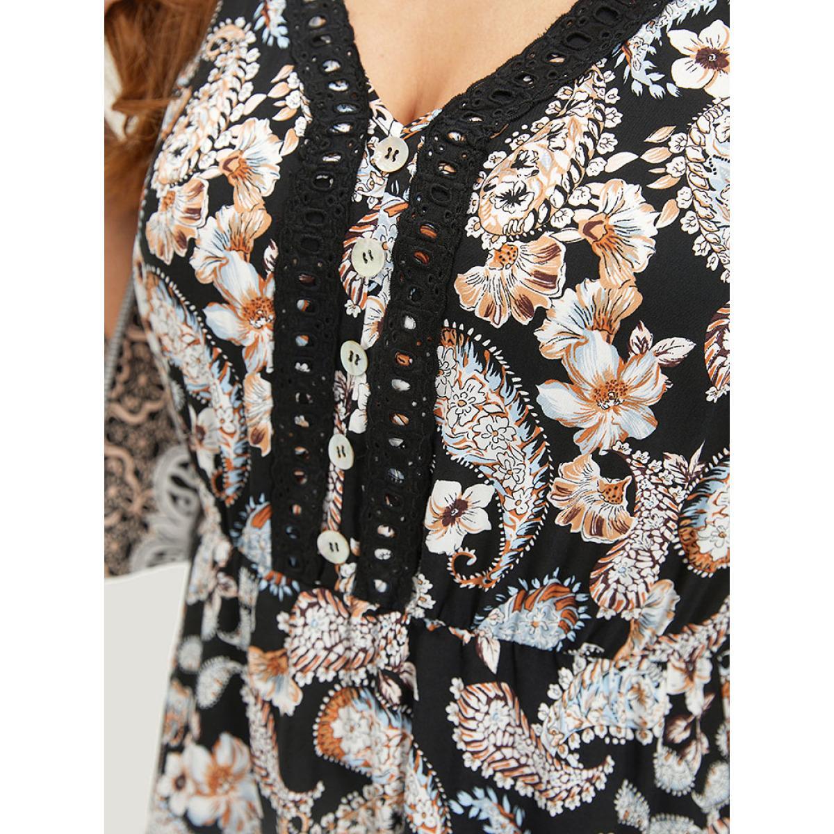 Plus Size Floral & Paisley Print Elastic Waist Button Detail Dress Black Women Vacation Printed V-neck Elbow-length sleeve Curvy Midi Dress BloomChic 14-16/1X Product Image