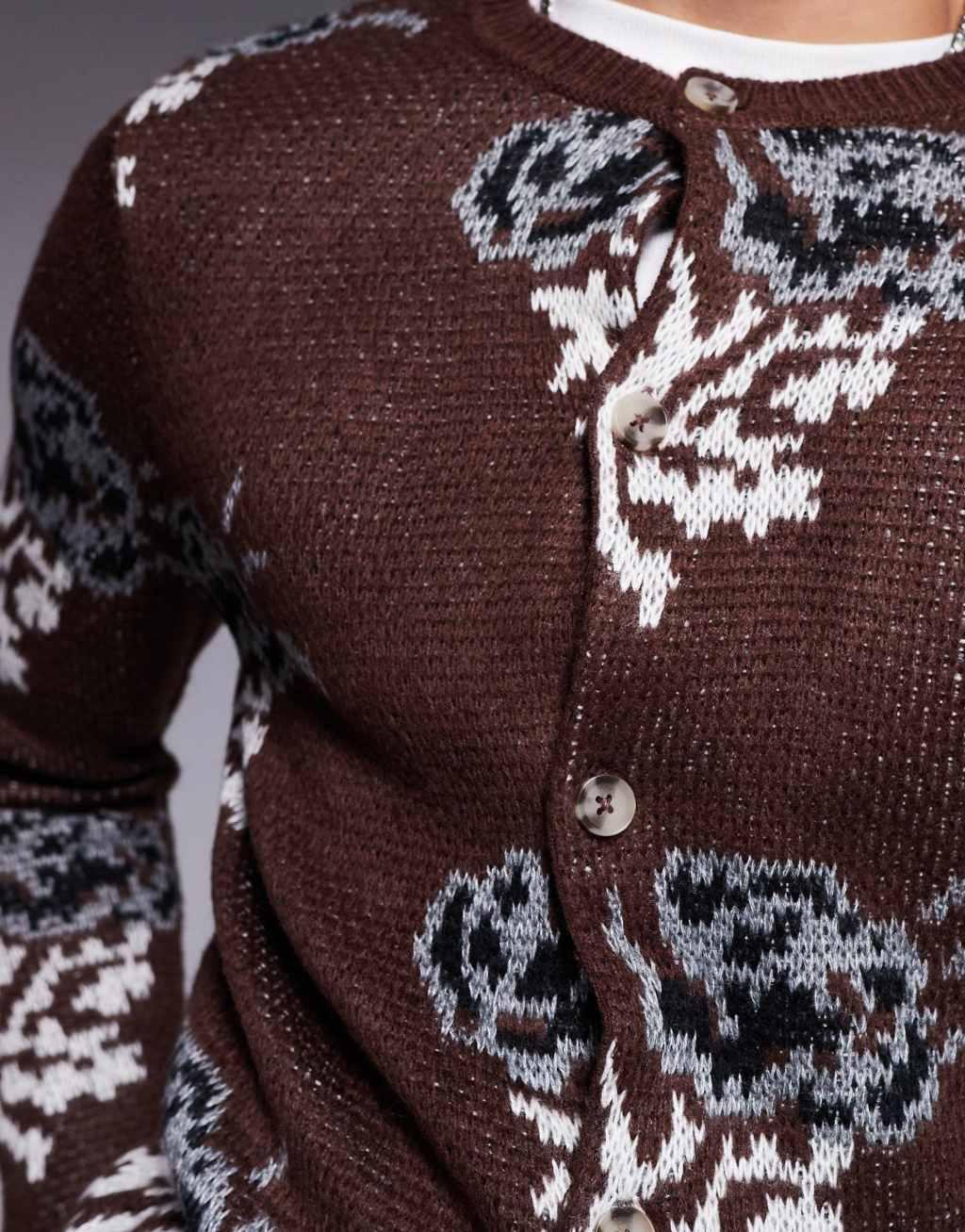 ASOS DESIGN knitted crew neck cardigan with floral pattern in brown Product Image