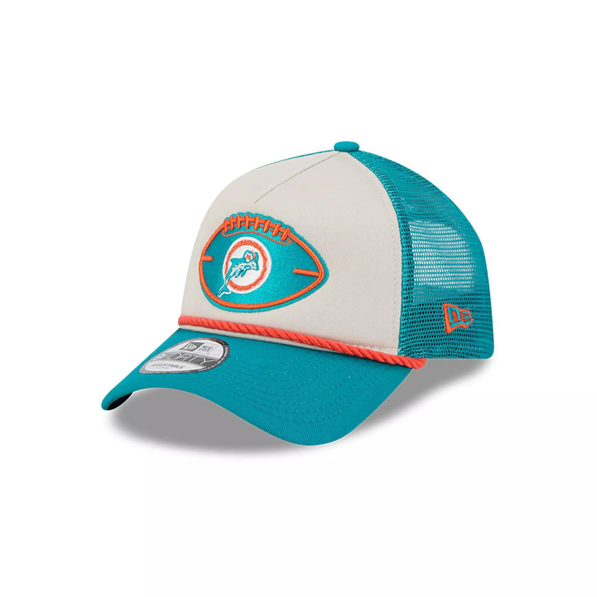 Mens New Era Stone/Aqua Miami Dolphins 2024 Sideline Historic 9FORTY A-Frame Trucker Adjustable Hat Product Image