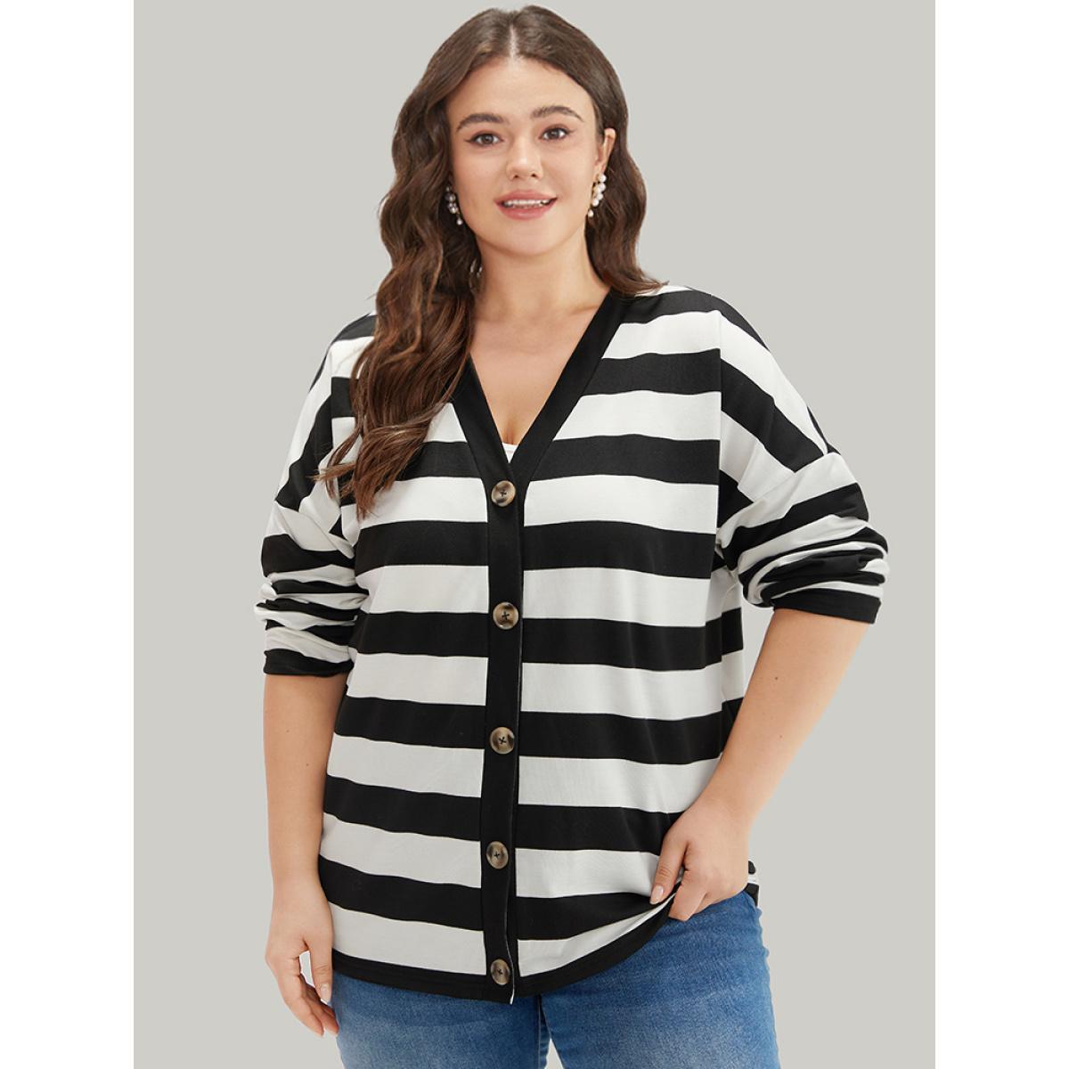 Plus Size Halloween Striped Button Through Jacket Women Black Casual Contrast Ladies Dailywear Winter Coats BloomChic 30/6X Product Image