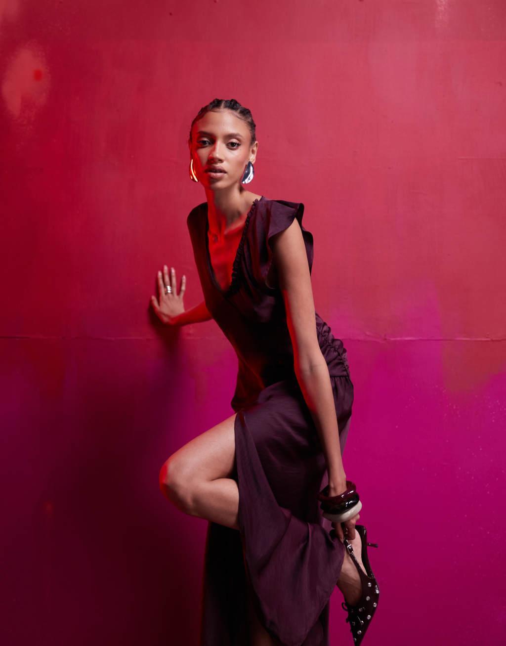 ASOS DESIGN asymmetric satin dress with ruffle detail in dark purple Product Image