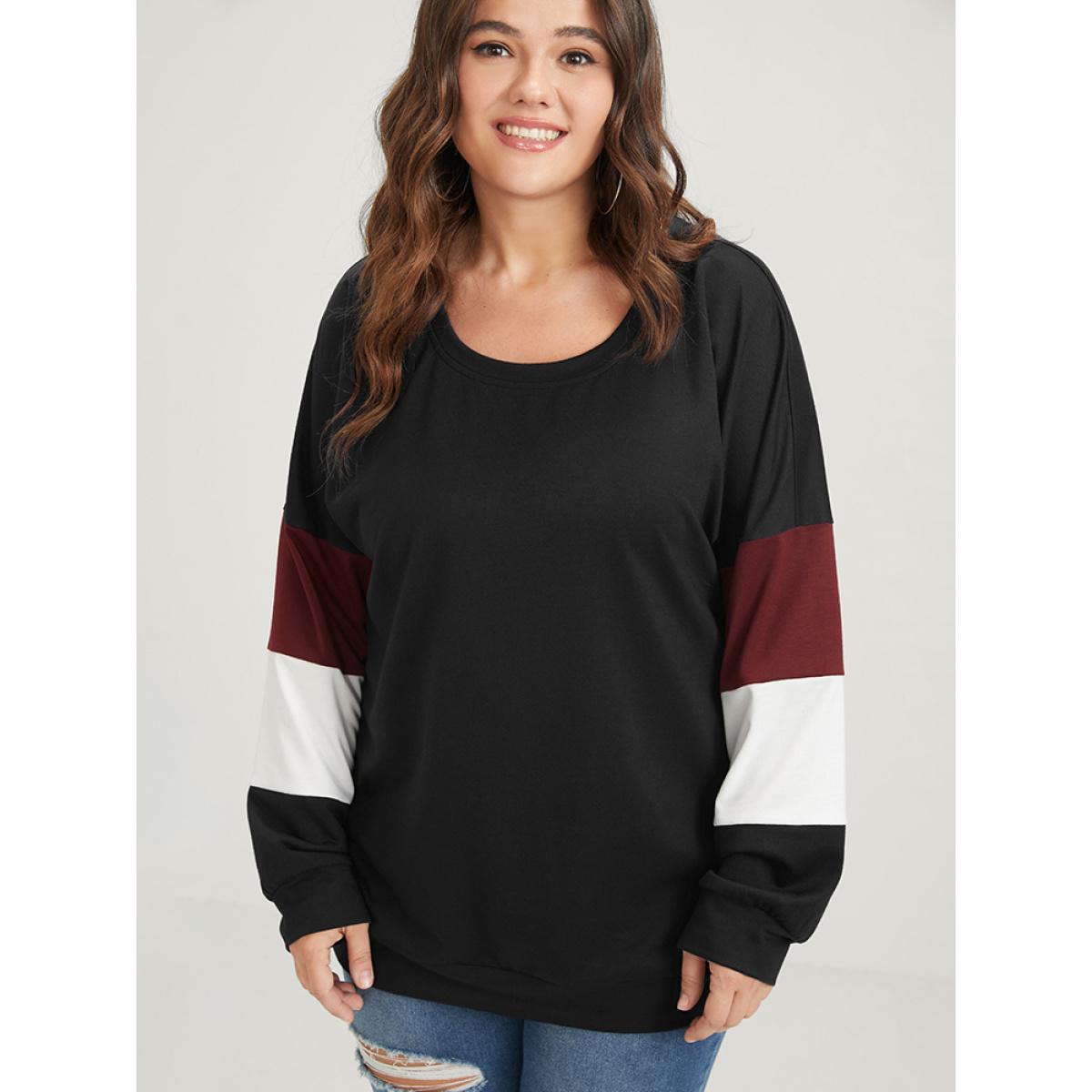 Plus Size Colorblock Patchwork Round Neck Drop Shoulder Sweatshirt Women Black Casual Contrast Round Neck Dailywear Sweatshirts BloomChic 10/M Product Image