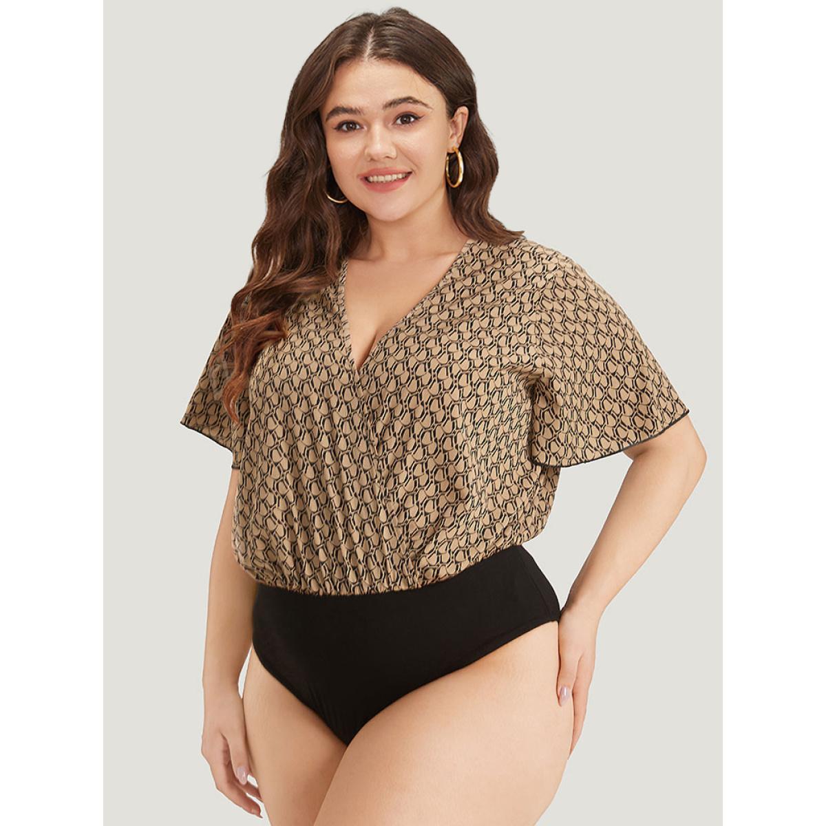 Plus Size Graphic Print Surplice Neck Ruffle Sleeve Bodysuit Women LightBrown Graphic Wrap Bodysuits BloomChic 26/4X Product Image