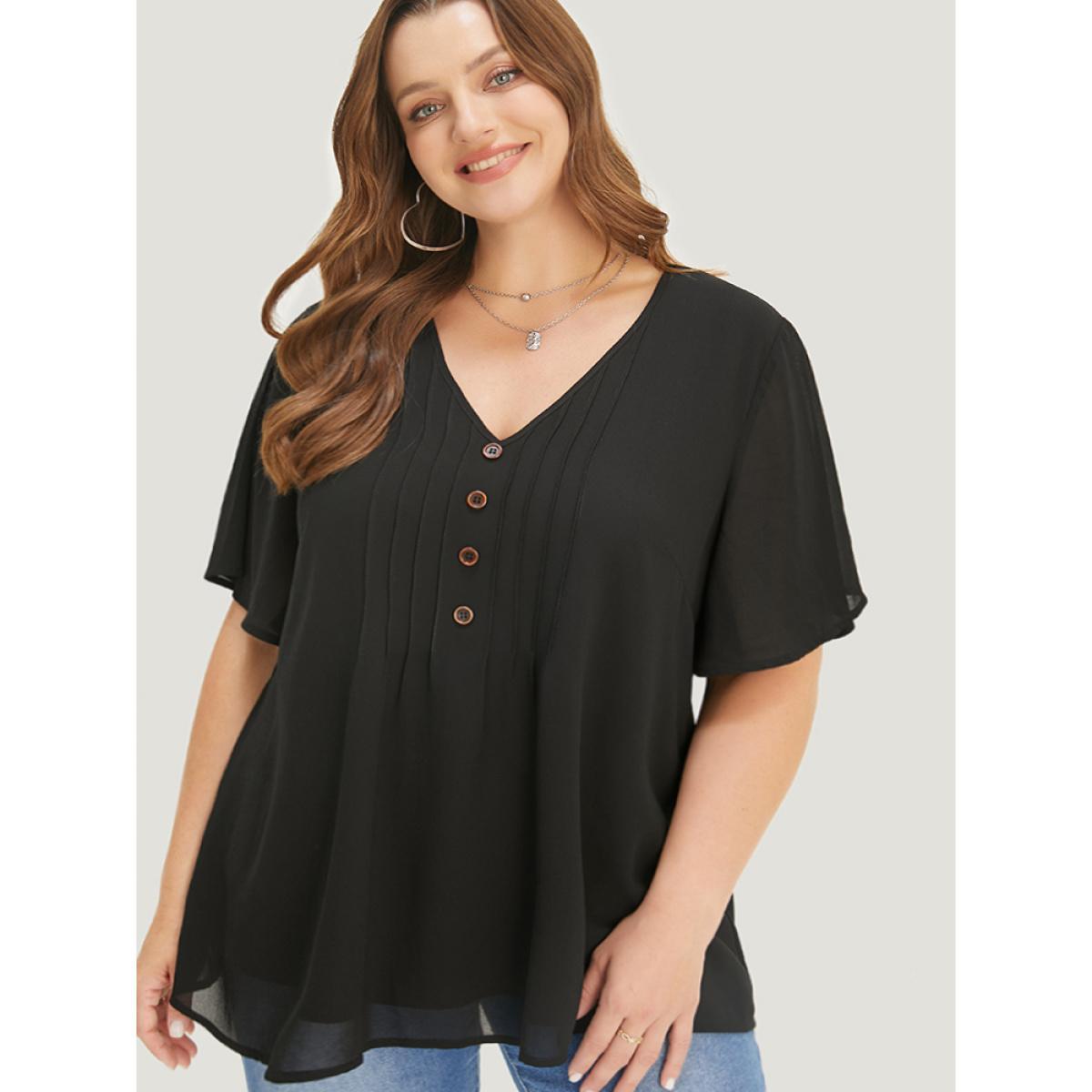 Plus Size Black Plain V Neck Mesh Ruffle Sleeve Button Detail Blouse Women Casual Short sleeve V-neck Work Blouses BloomChic 14-16/1X Product Image