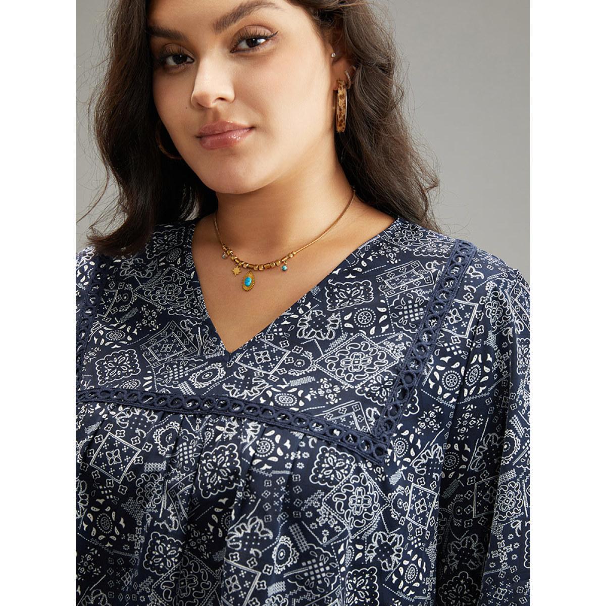 Plus Size Indigo Bandana Lace Insert Lantern Sleeve Blouse Women Resort Long Sleeve V-neck Vacation Blouses BloomChic 28/5X Product Image