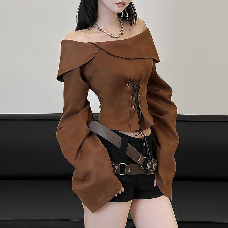 Off Shoulder Long Sleeve Plain Lace Up Crop Top Product Image
