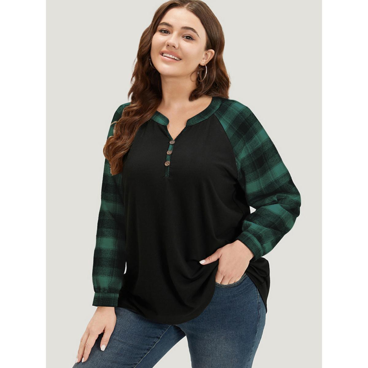 Plus Size Plaid Patchwork Notched Button Detail Sweatshirt Women Green Casual Patchwork Notched collar Everyday Sweatshirts BloomChic 22-24/3X Product Image