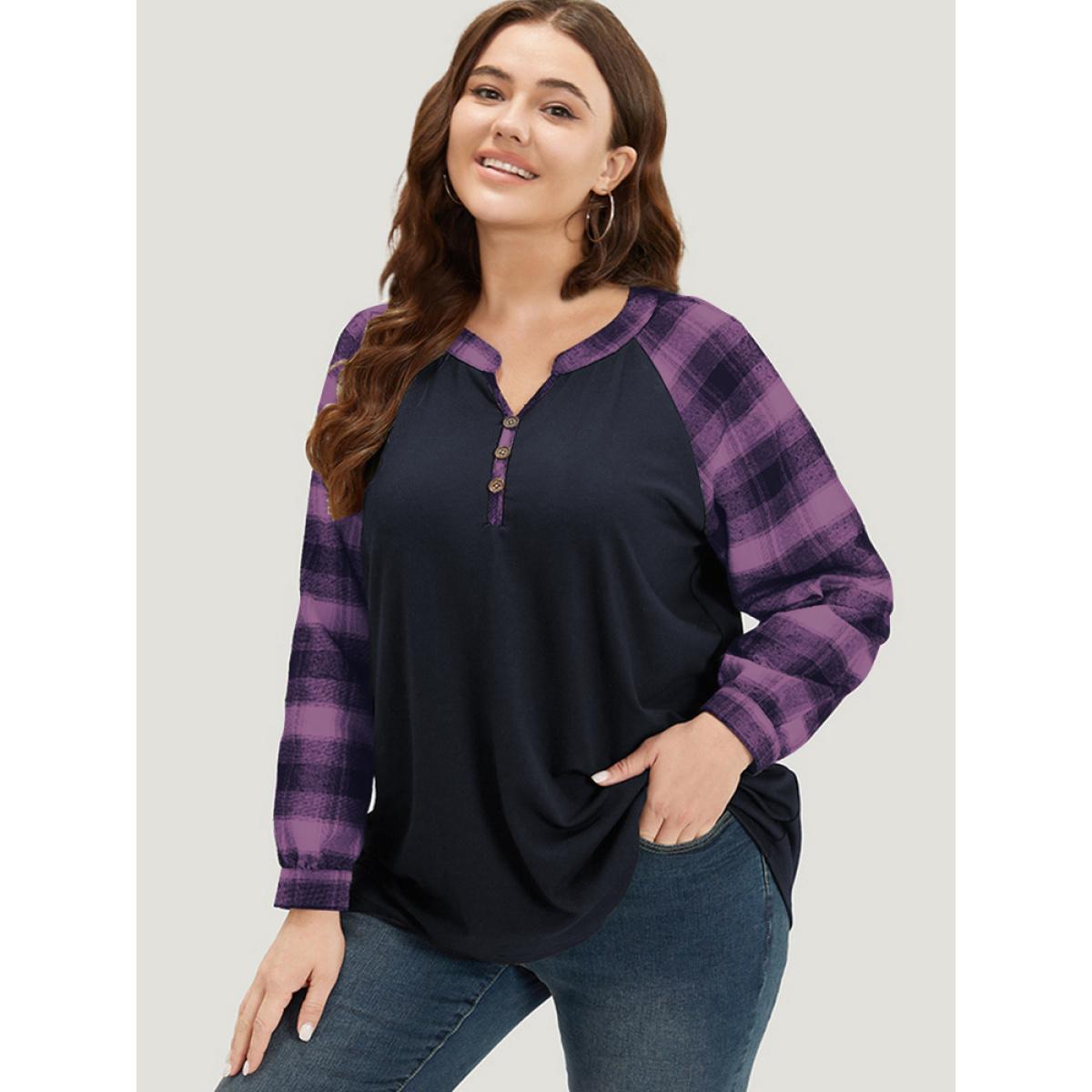 Plus Size Plaid Patchwork Notched Button Detail Sweatshirt Women Yellow Casual Patchwork Notched collar Everyday Sweatshirts BloomChic 12/L Product Image
