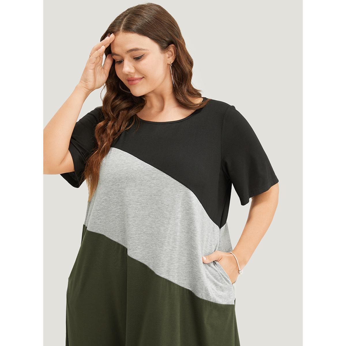 Plus Size Colorblock Contrast Pocket Round Neck Knee Dress ArmyGreen Women Casual Contrast Round Neck Short sleeve Curvy Knee Dress BloomChic 22-24/3X Product Image