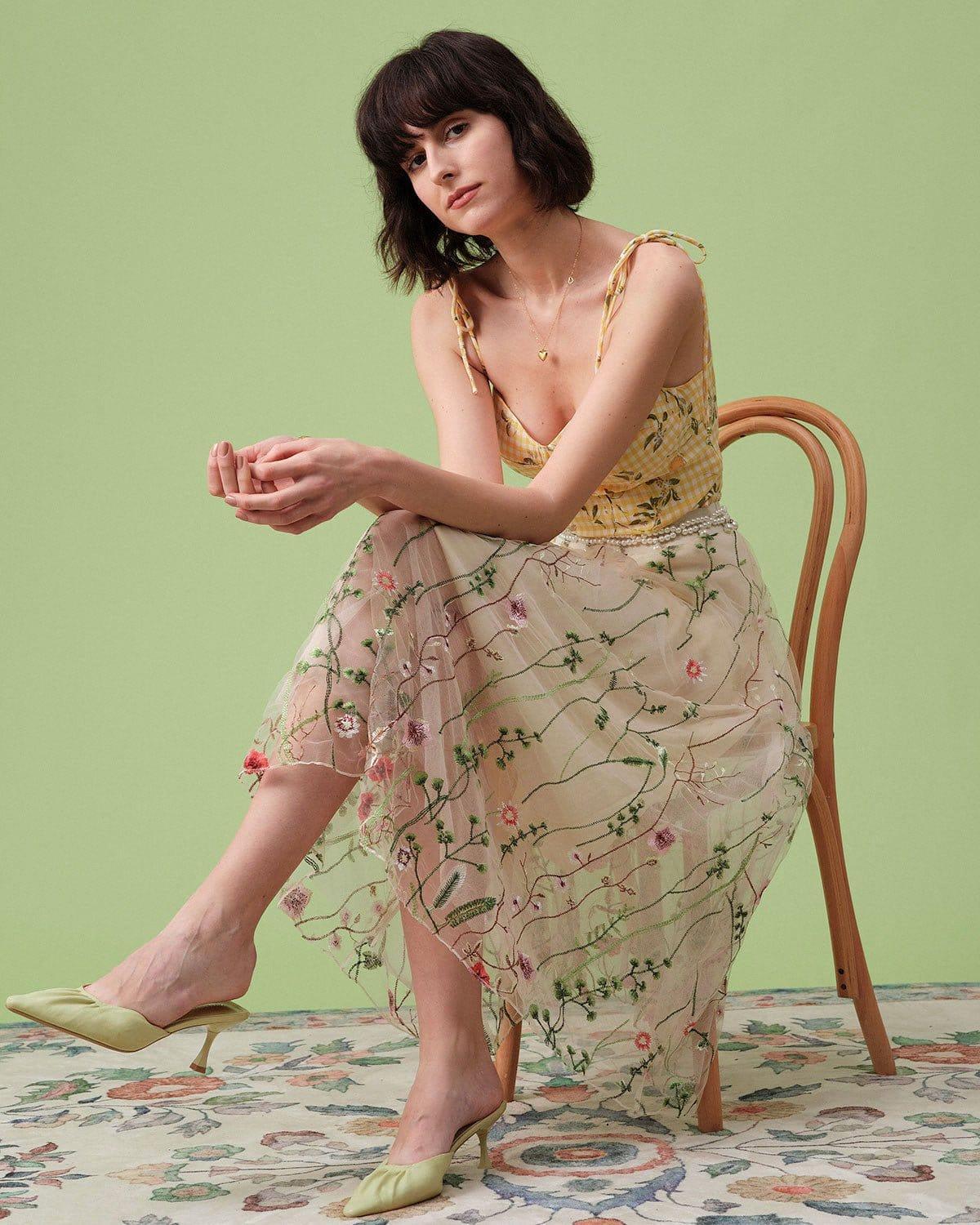 The High Waisted Floral Embroidery A-line Midi Skirt Female Product Image