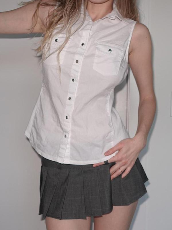 Academic-Style Riveted Waist-Cinching Slim-Fit Shirt Product Image