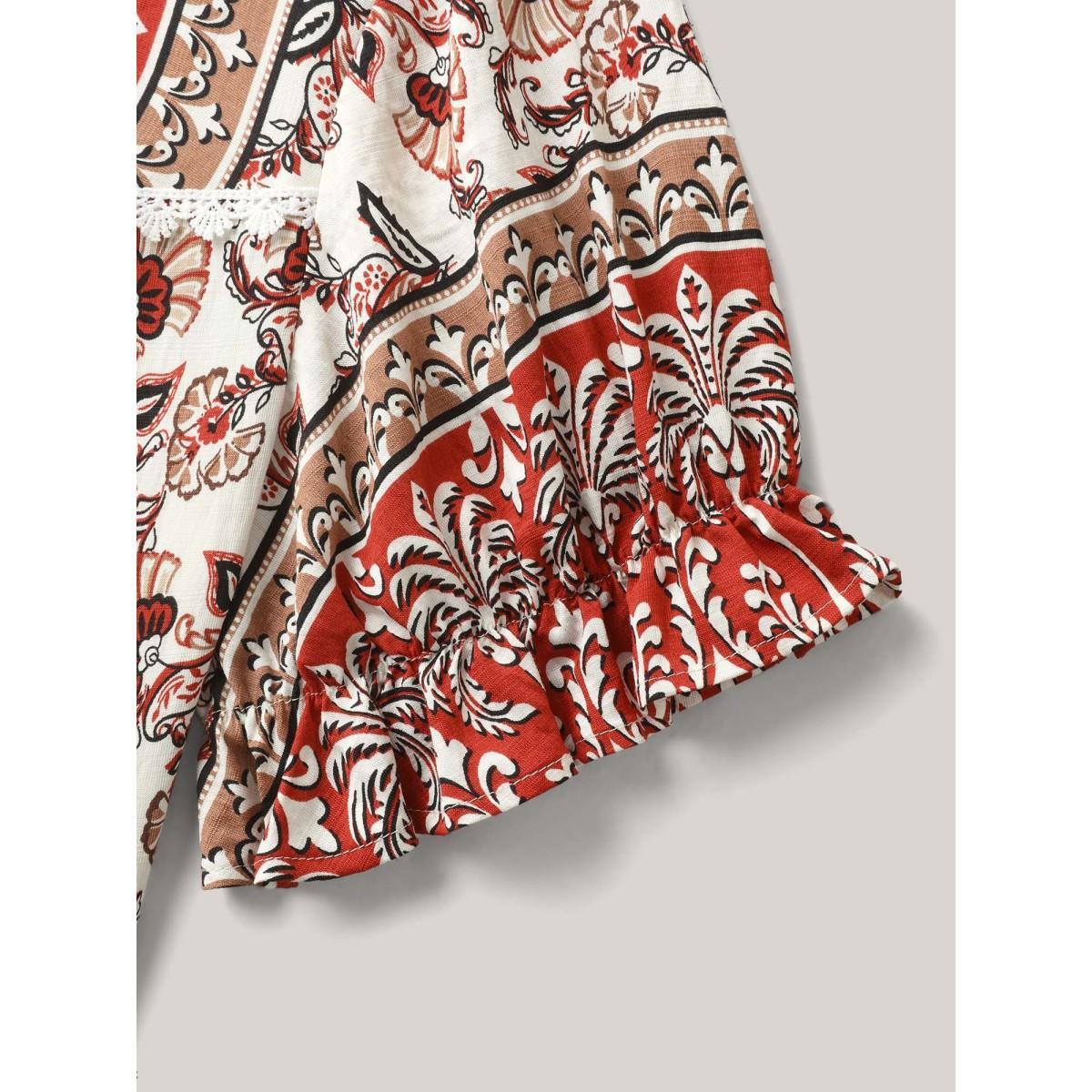 Plus Size Crimson Boho Floral Print Neck Tassels Blouse Women Short sleeve Flat collar with V-notch Vacation Blouses BloomChic 22-24/3X Product Image