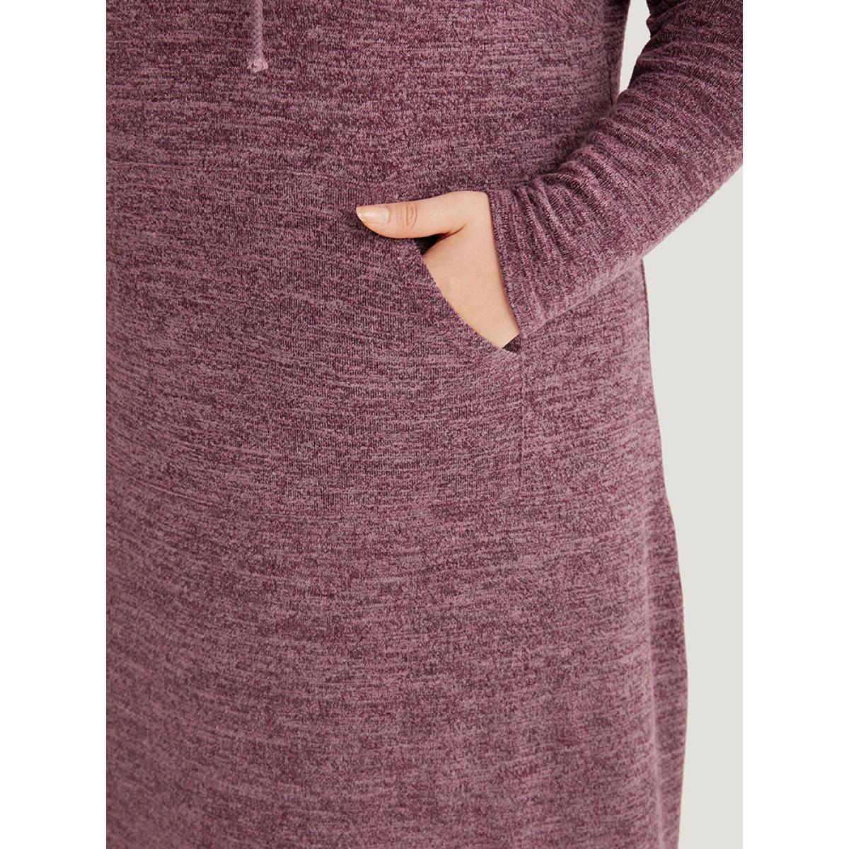 Plus Size Plain Heather Pocket Split Hem Hooded Dress Burgundy Women Casual Plain Hooded Long Sleeve Curvy Midi Dress BloomChic 14-16/1X Product Image