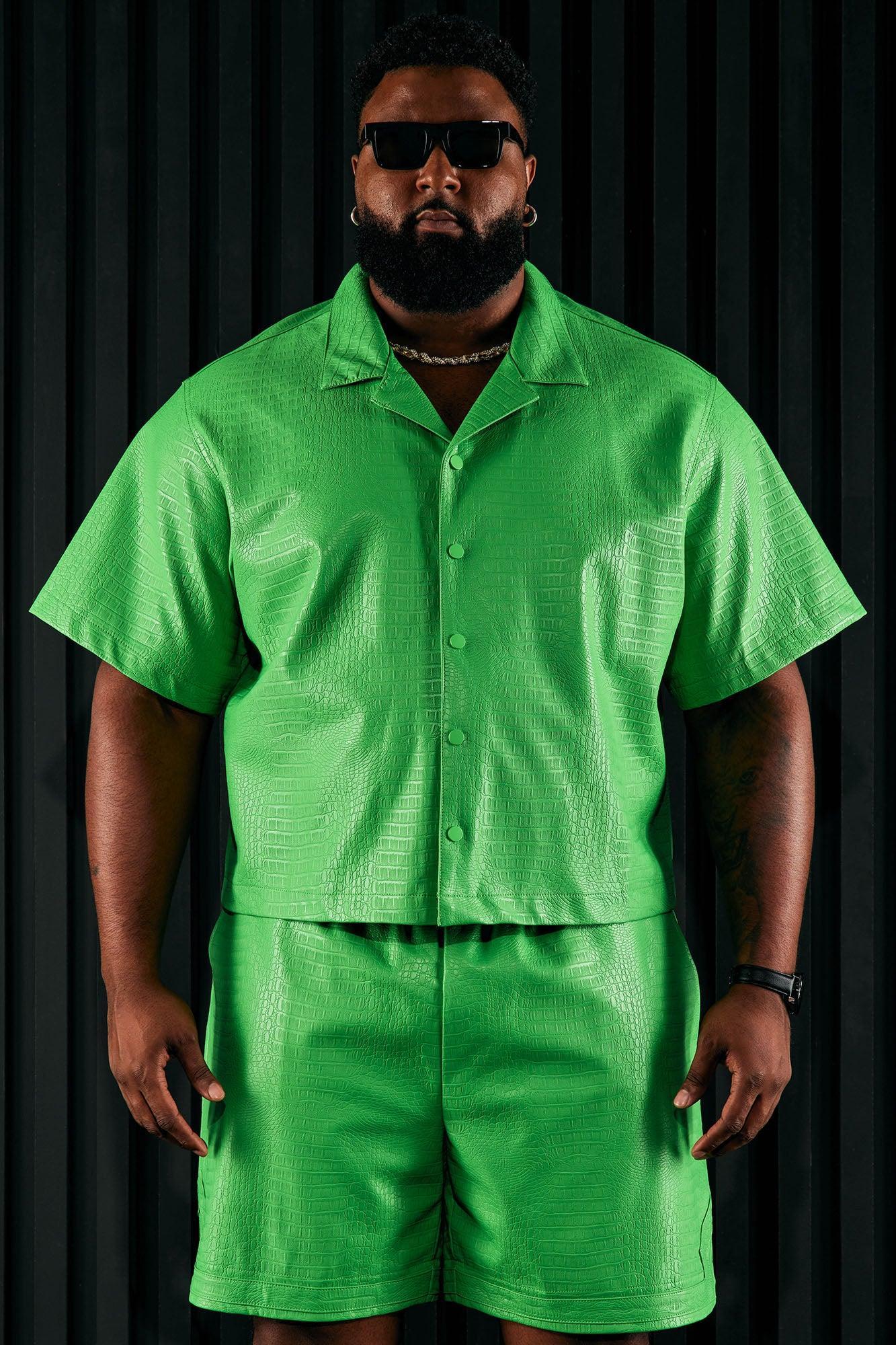 Gotta Run Faux Croc Leather Cropped Button Up Shirt - Green Product Image