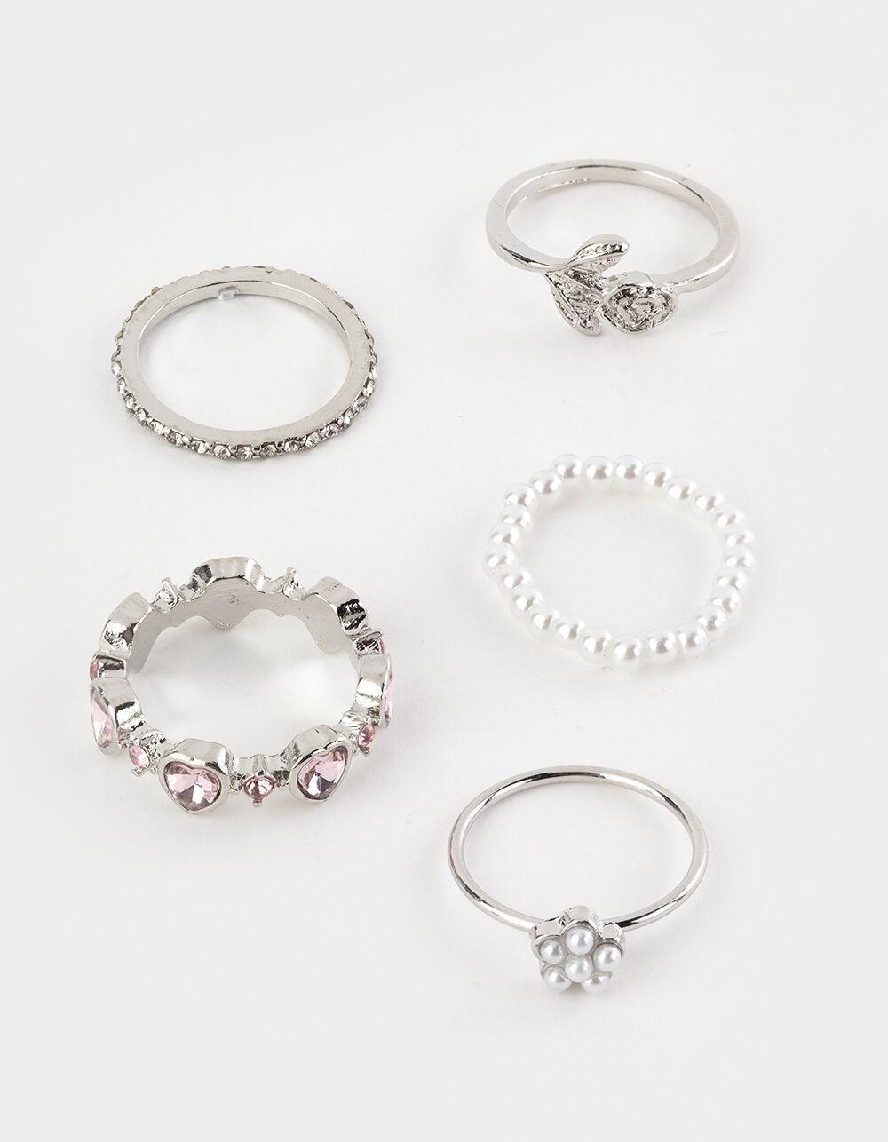 FULL TILT 5 Pack Rhinestone/Heart Ring Set - SILVER Product Image