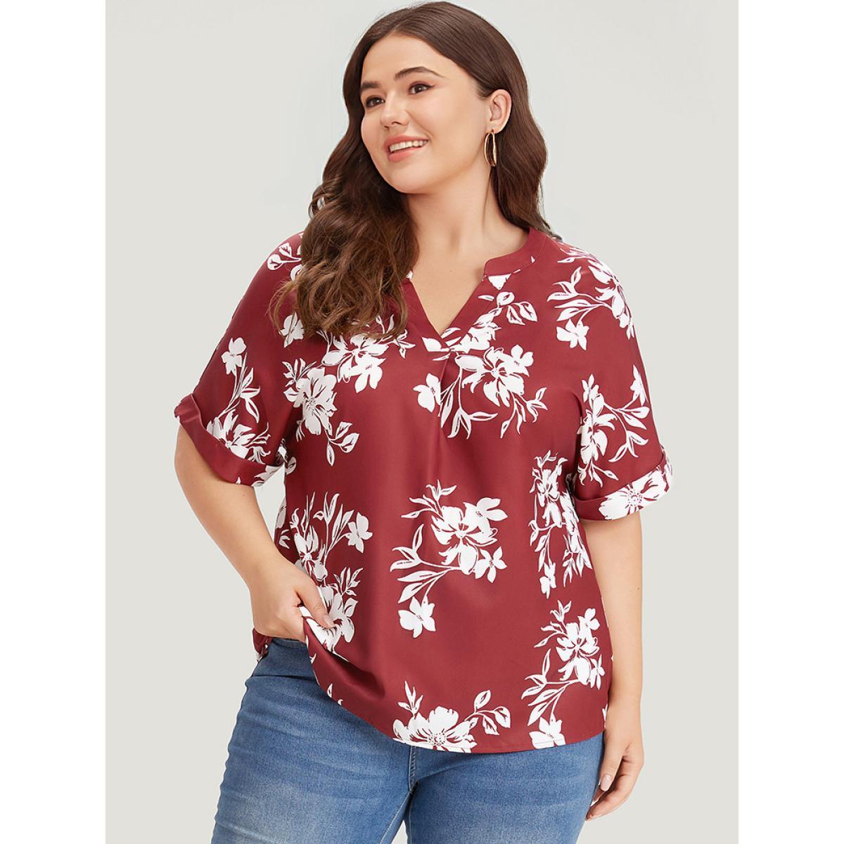 Plus Size Multicolor Silhouette Floral Print Notched Roll Sleeve Blouse Women Elegant Short sleeve V-neck Dailywear Blouses BloomChic 10/M Product Image