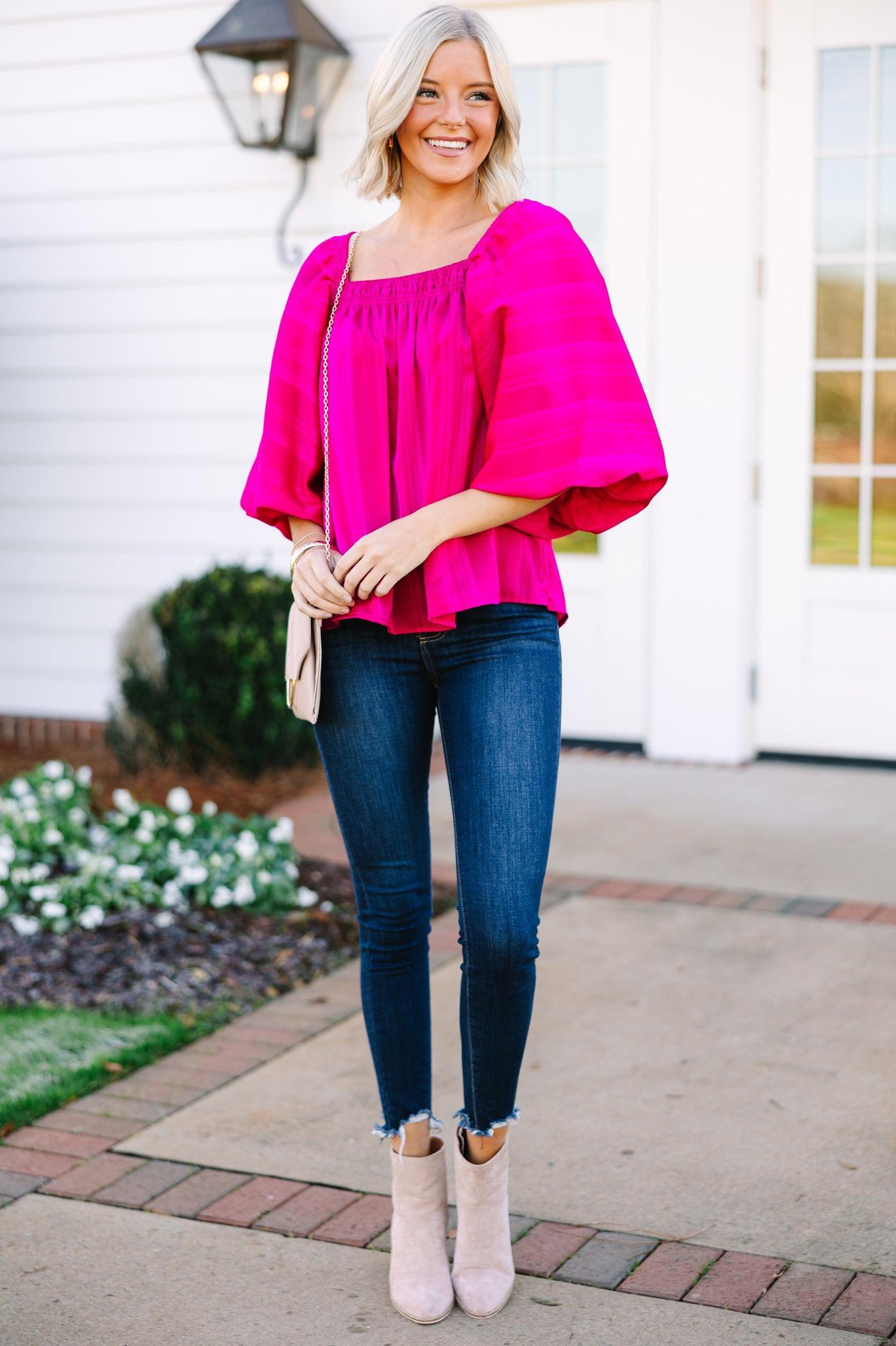 All For Love Magenta Pink Satin Striped Blouse Female Product Image