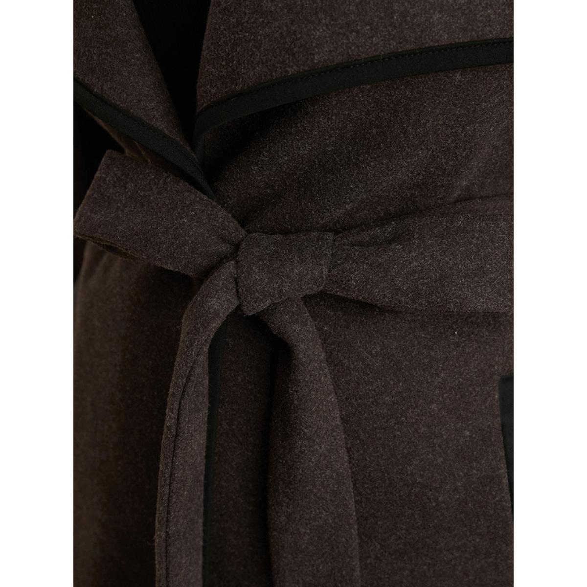 Plus Size Contrast Trim Pocket Belted Lapel Collar Coat Women DarkBrown Office Belted Ladies Work Winter Coats BloomChic 14-16/1X Product Image