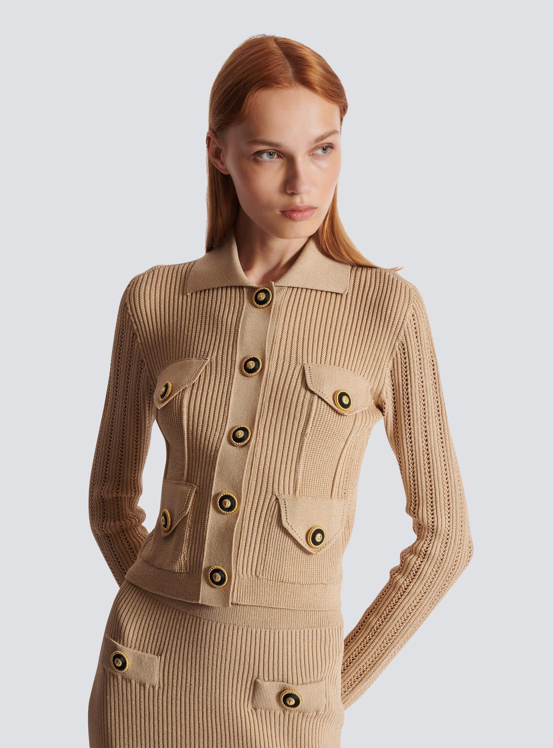 Cropped ribbed knit cardigan with openwork details Product Image