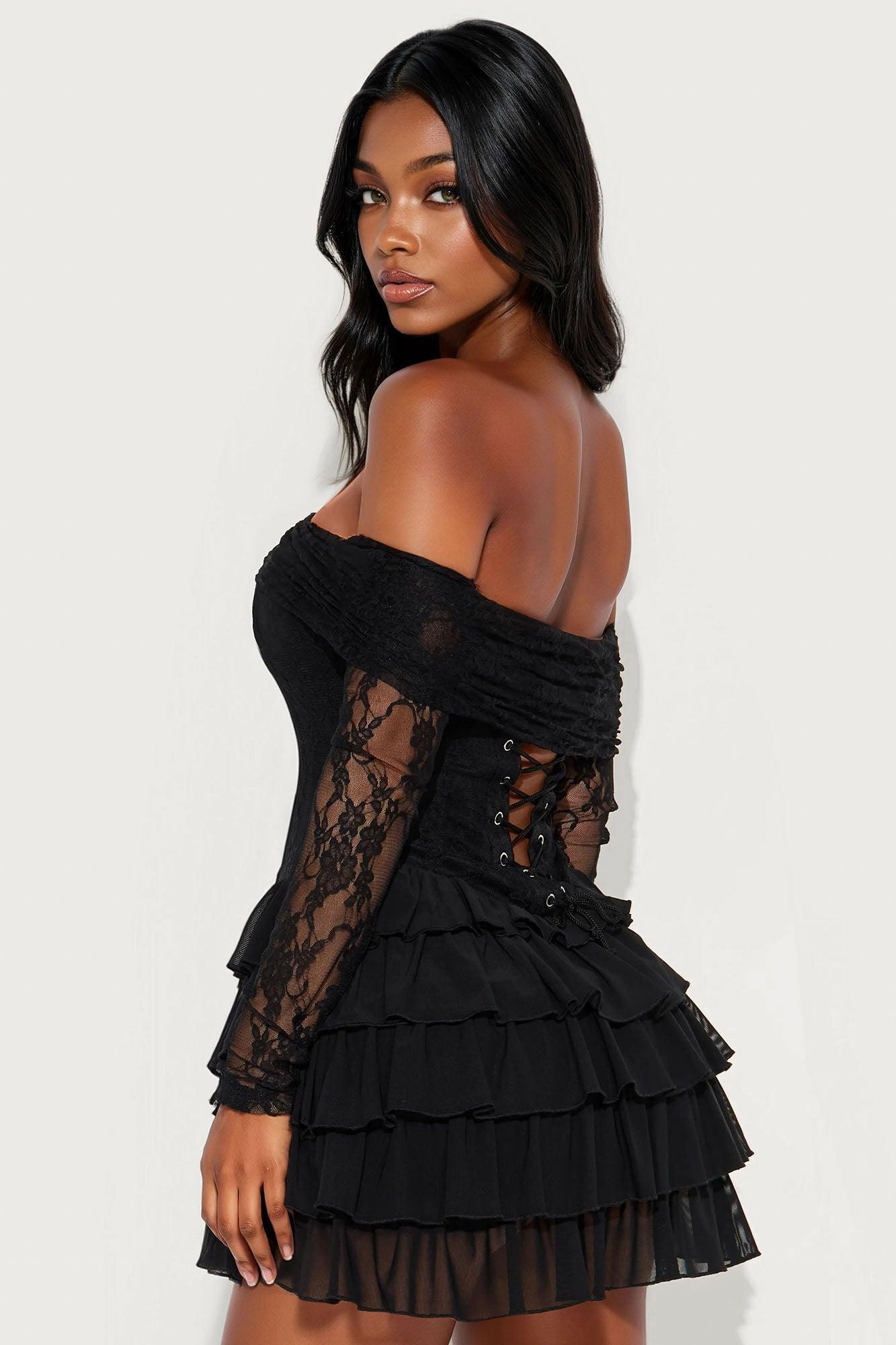 Elsie Ruffle Lace Mini Dress - Black Product Image