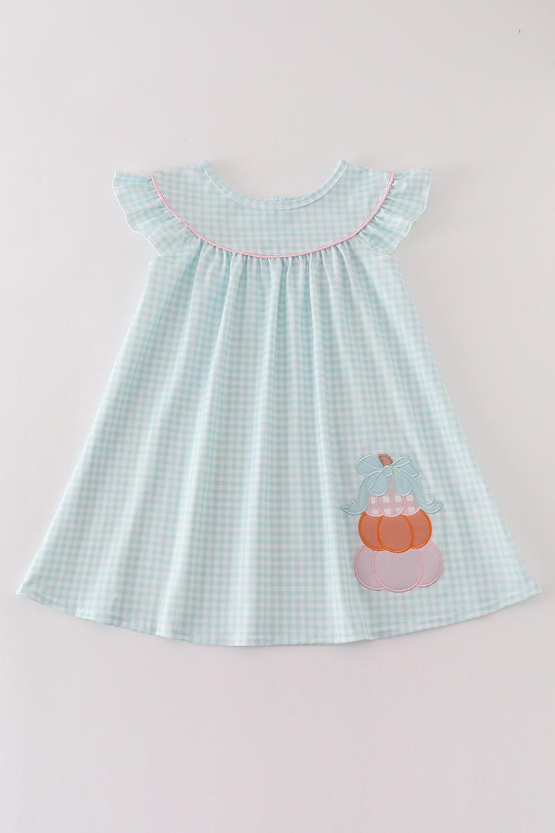 Blue pumpkin applique plaid dress Product Image