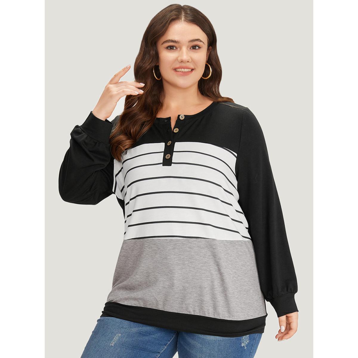 Plus Size Striped Contrast Button Up Elastic cuffs Sweatshirt Women Multicolor Casual Elastic cuffs Open Front Dailywear Sweatshirts BloomChic 12/L Product Image