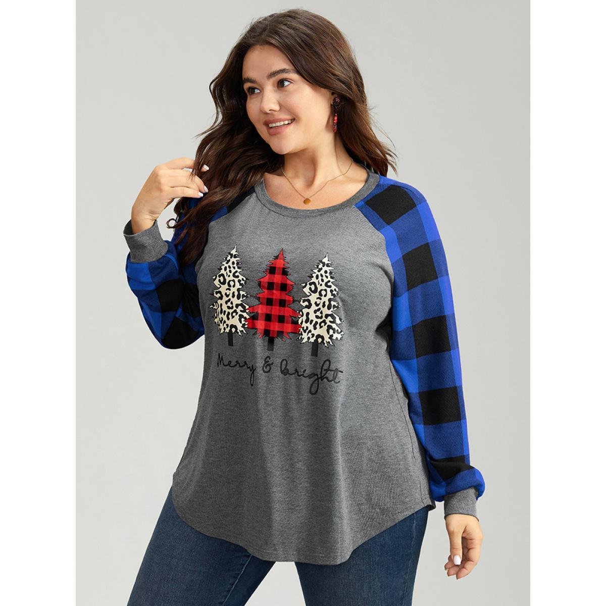 Plus Size Plaid Christmas Trees Round Neck T-shirt Blue Women Casual Contrast Christmas Festival-Christmas T-shirts BloomChic 12/L Product Image
