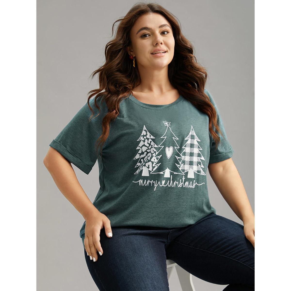 Plus Size Christmas Trees Print Cuffed Sleeve T-shirt DarkGreen Women Casual Printed Christmas Festival-Christmas T-shirts BloomChic 30/6X Product Image