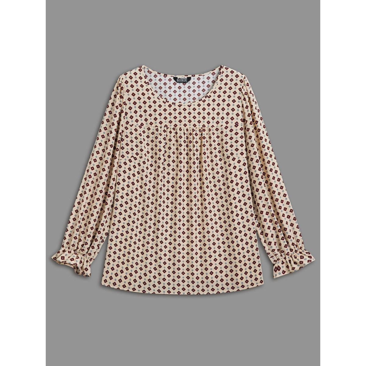 Plus Size Apricot Round Neck Geometric Print Pleated Blouse Women At the Office Long Sleeve Round Neck Work Blouses BloomChic 12/L Product Image