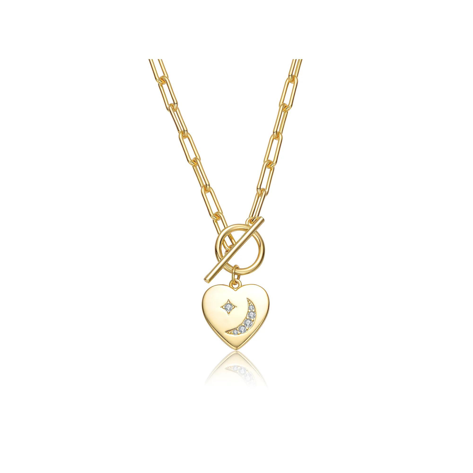 14k Gold Plated Cubic Zirconia Heart & Moon Charm Necklace, Womens Gold Tone Product Image