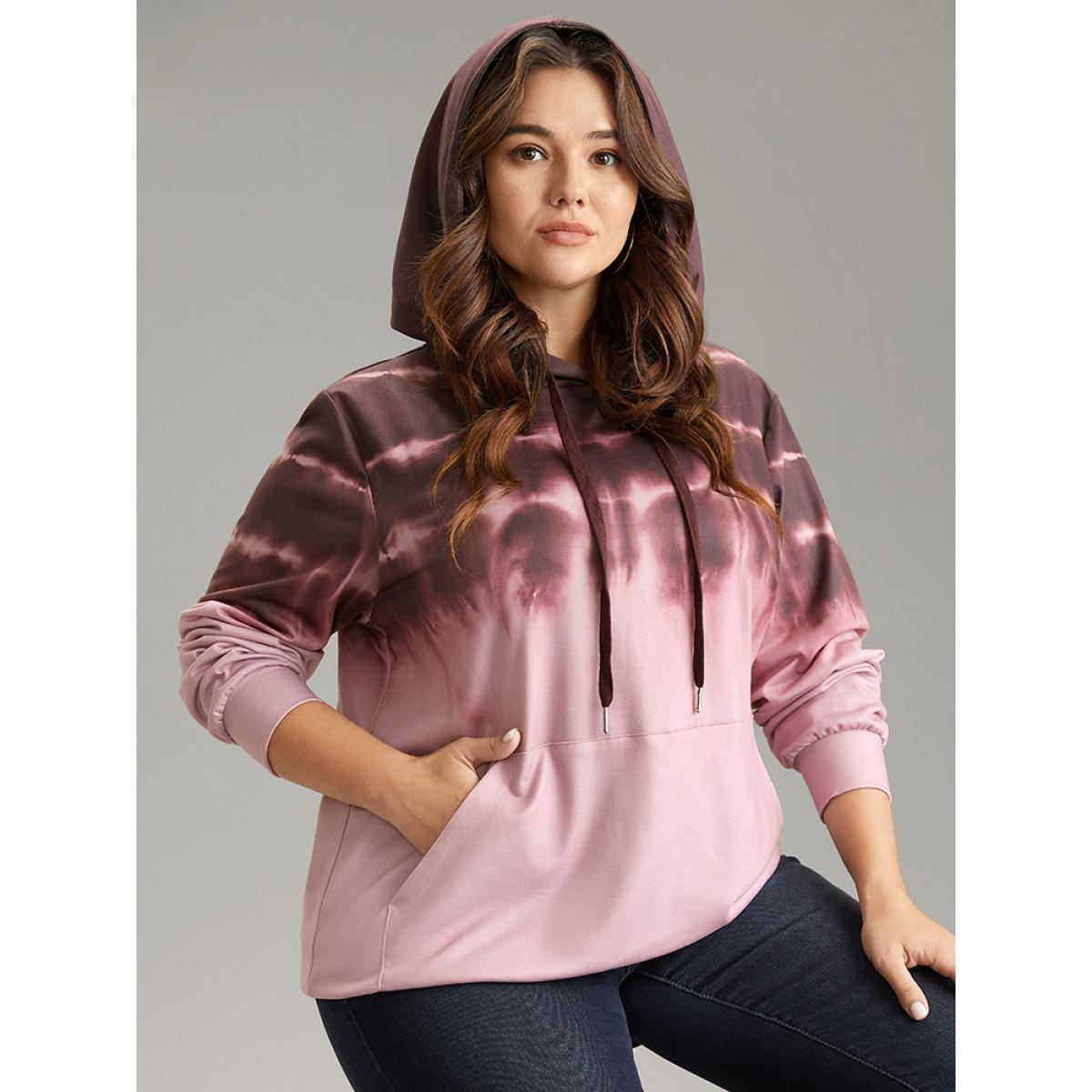 Plus Size Tie Dye Kangaroo Pocket Hooded Drawstring Sweatshirt Women Maroon Casual Tie Dye Hooded Dailywear Sweatshirts BloomChic 12/L Product Image