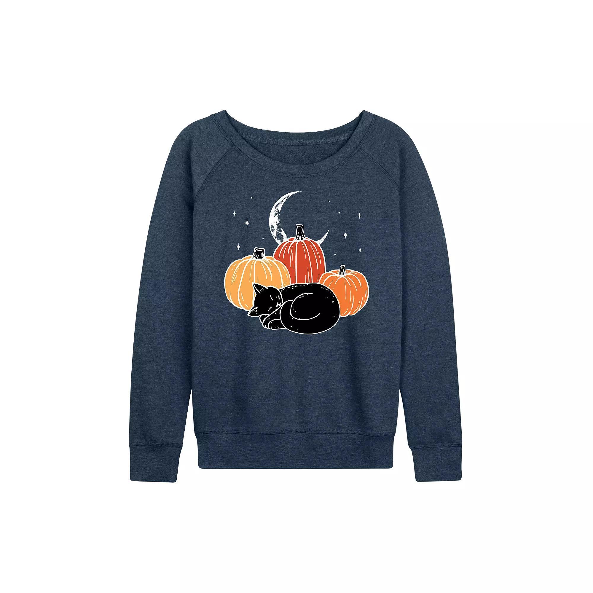 Women's Black Cat Pumpkin Nap French Terry Long Sleeve Tee, Size: XXL, Grey Indigo Product Image