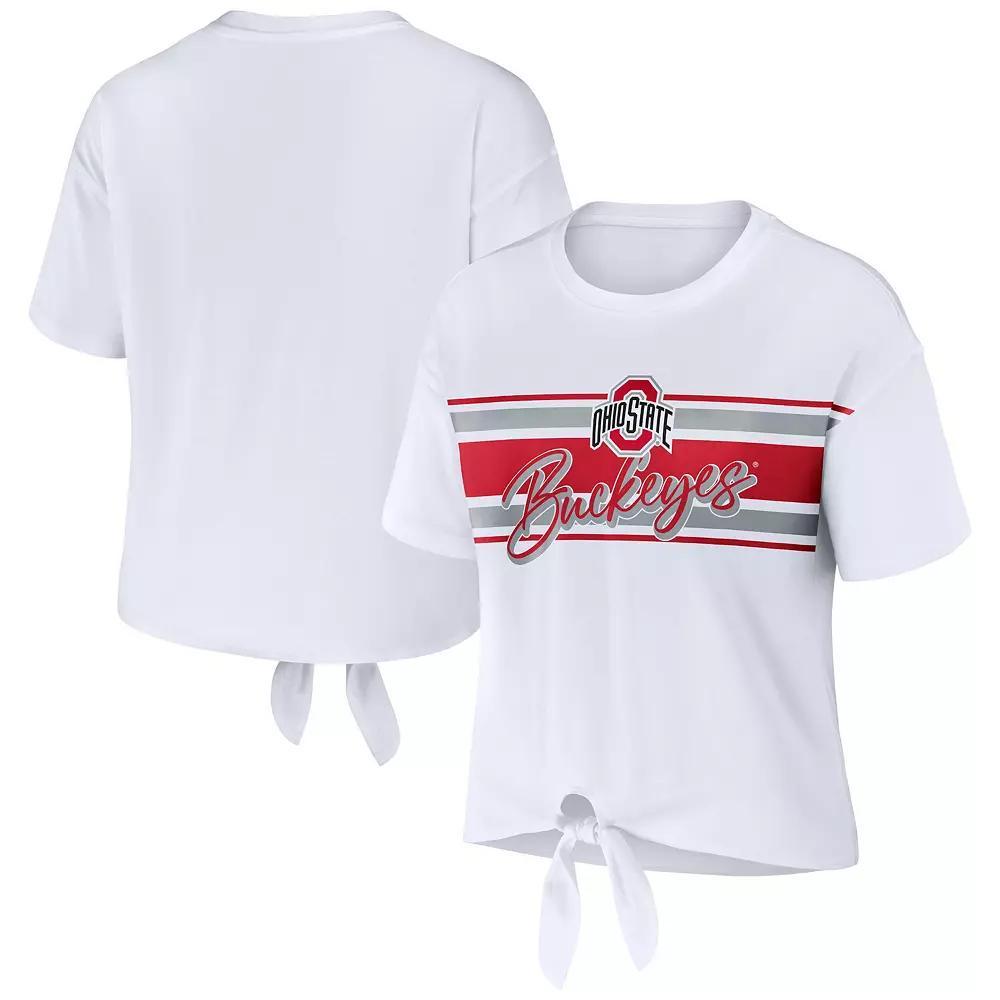 Women's WEAR by Erin Andrews White Clemson Tigers Striped Front Knot Cropped T-Shirt, Size: Medium Product Image