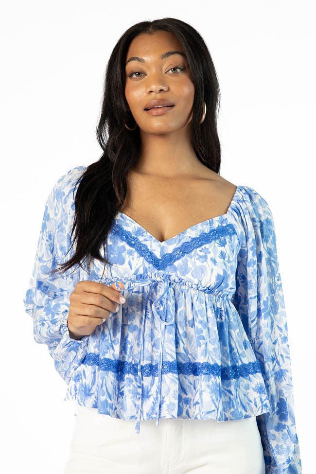 In My Dreams Blue Lace Trim Floral Blouse SALE Product Image