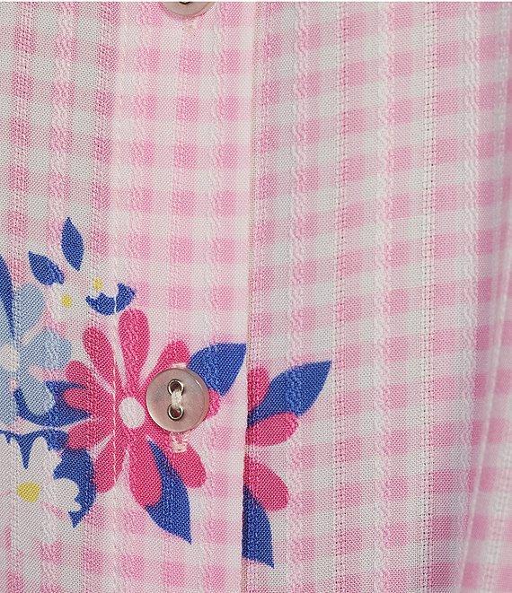 Allison Daley Gingham Floral Print Short Sleeve Tie Front Button Blouse Product Image