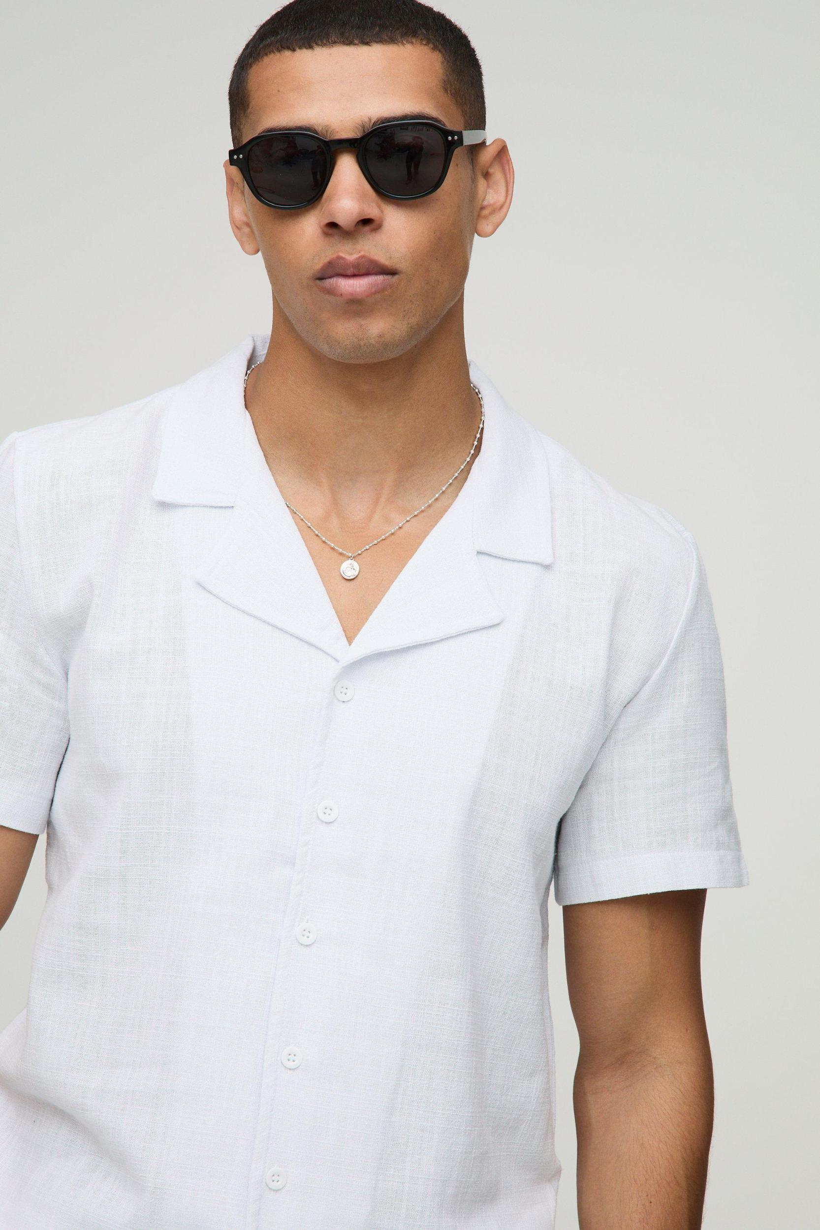 Regular Fit Linen Look Revere Short Sleeve Shirt | boohooMAN USA Product Image