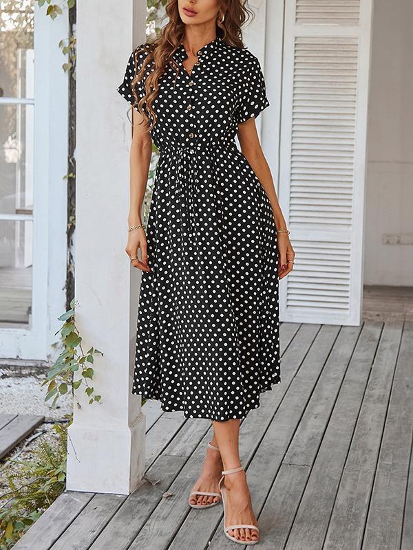 A-Line High Waisted Buttoned Drawstring Polka-Dot V-Neck Midi Dresses Product Image