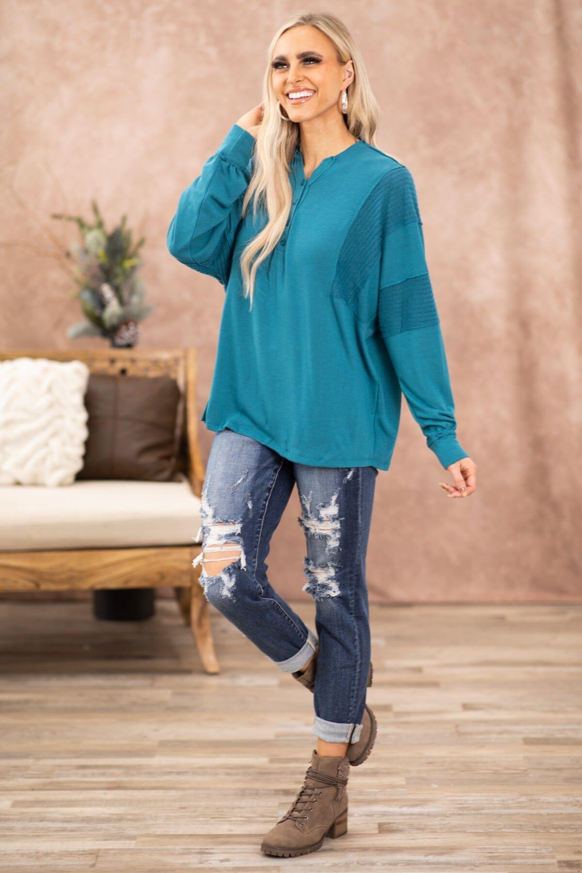 Teal Reverse Seam Detail V-Neck Top Product Image